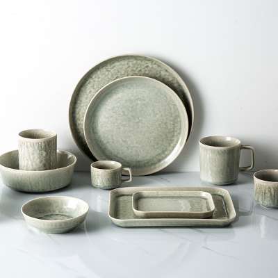 Hualian 2020 new hot sale 16 sets of light green kiln reaction glaze hotel household tableware set